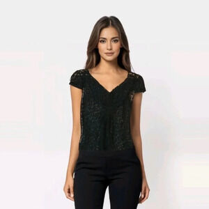 Whimsigoth floral crochet embroidered sheer Black Top boho s/m